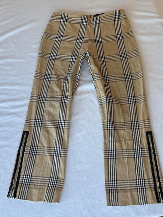 Bebe Pants - Vintage 90s Bebe Plaid Leather Trim Ankle Zip Flare Trousers 6